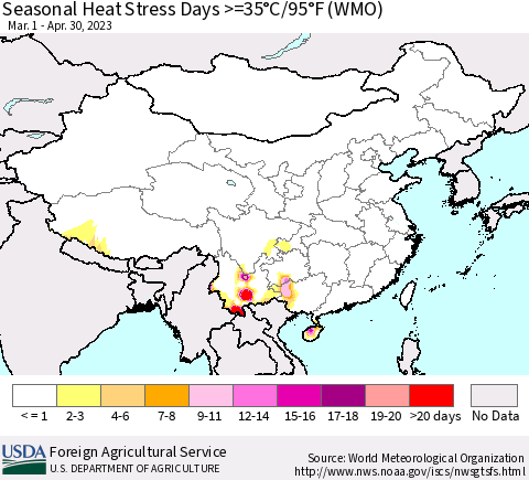 China, Mongolia and Taiwan Seasonal Heat Stress Days >=35°C/95°F (WMO) Thematic Map For 3/1/2023 - 4/30/2023