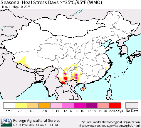 China, Mongolia and Taiwan Seasonal Heat Stress Days >=35°C/95°F (WMO) Thematic Map For 3/1/2023 - 5/10/2023