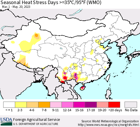 China, Mongolia and Taiwan Seasonal Heat Stress Days >=35°C/95°F (WMO) Thematic Map For 3/1/2023 - 5/20/2023