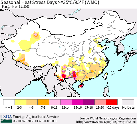 China, Mongolia and Taiwan Seasonal Heat Stress Days >=35°C/95°F (WMO) Thematic Map For 3/1/2023 - 5/31/2023