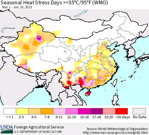 China, Mongolia and Taiwan Seasonal Heat Stress Days >=35°C/95°F (WMO) Thematic Map For 3/1/2023 - 6/10/2023