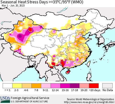 China, Mongolia and Taiwan Seasonal Heat Stress Days >=35°C/95°F (WMO) Thematic Map For 3/1/2023 - 6/20/2023