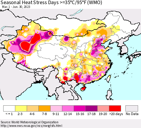 China, Mongolia and Taiwan Seasonal Heat Stress Days >=35°C/95°F (WMO) Thematic Map For 3/1/2023 - 6/30/2023