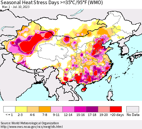 China, Mongolia and Taiwan Seasonal Heat Stress Days >=35°C/95°F (WMO) Thematic Map For 3/1/2023 - 7/10/2023