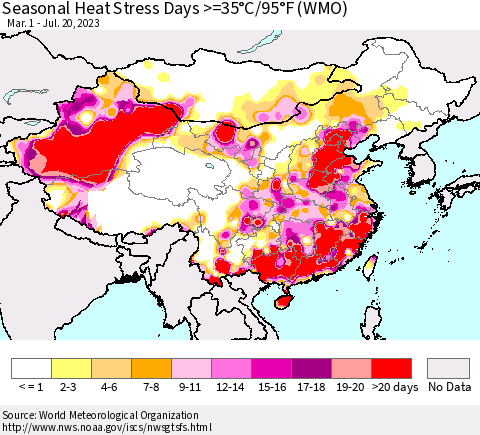 China, Mongolia and Taiwan Seasonal Heat Stress Days >=35°C/95°F (WMO) Thematic Map For 3/1/2023 - 7/20/2023