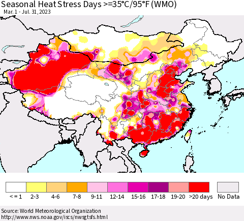 China, Mongolia and Taiwan Seasonal Heat Stress Days >=35°C/95°F (WMO) Thematic Map For 3/1/2023 - 7/31/2023
