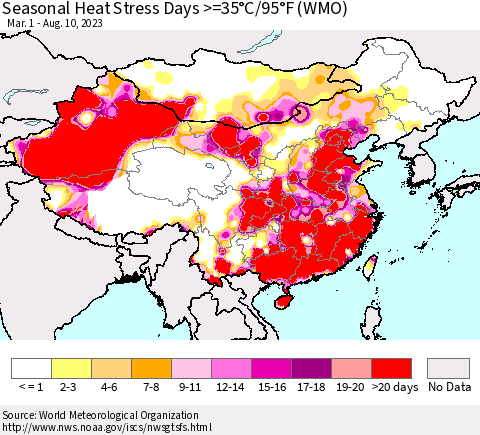 China, Mongolia and Taiwan Seasonal Heat Stress Days >=35°C/95°F (WMO) Thematic Map For 3/1/2023 - 8/10/2023