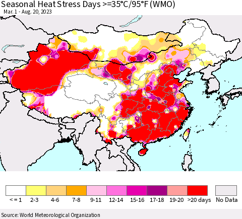 China, Mongolia and Taiwan Seasonal Heat Stress Days >=35°C/95°F (WMO) Thematic Map For 3/1/2023 - 8/20/2023