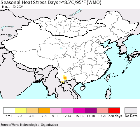 China, Mongolia and Taiwan Seasonal Heat Stress Days >=35°C/95°F (WMO) Thematic Map For 3/1/2024 - 3/20/2024