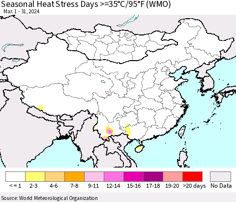 China, Mongolia and Taiwan Seasonal Heat Stress Days >=35°C/95°F (WMO) Thematic Map For 3/1/2024 - 3/31/2024