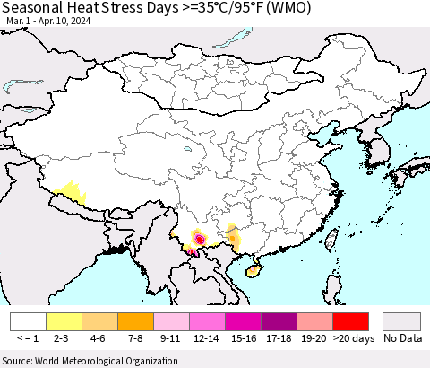 China, Mongolia and Taiwan Seasonal Heat Stress Days >=35°C/95°F (WMO) Thematic Map For 3/1/2024 - 4/10/2024