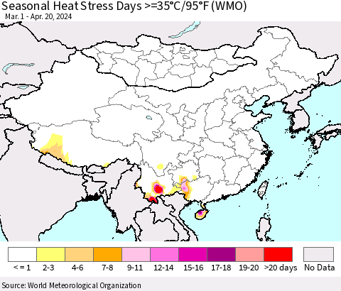 China, Mongolia and Taiwan Seasonal Heat Stress Days >=35°C/95°F (WMO) Thematic Map For 3/1/2024 - 4/20/2024