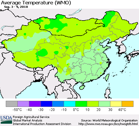 China and Taiwan Average Temperature (WMO) Thematic Map For 9/3/2018 - 9/9/2018