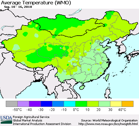 China, Mongolia and Taiwan Average Temperature (WMO) Thematic Map For 9/10/2018 - 9/16/2018