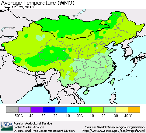 China and Taiwan Average Temperature (WMO) Thematic Map For 9/17/2018 - 9/23/2018