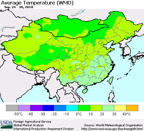 China, Mongolia and Taiwan Average Temperature (WMO) Thematic Map For 9/24/2018 - 9/30/2018