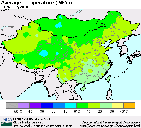 China and Taiwan Average Temperature (WMO) Thematic Map For 10/1/2018 - 10/7/2018