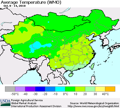 China and Taiwan Average Temperature (WMO) Thematic Map For 10/8/2018 - 10/14/2018