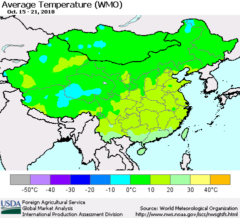 China and Taiwan Average Temperature (WMO) Thematic Map For 10/15/2018 - 10/21/2018