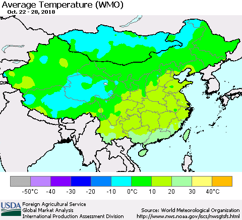 China and Taiwan Average Temperature (WMO) Thematic Map For 10/22/2018 - 10/28/2018
