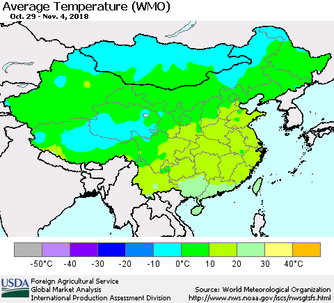 China, Mongolia and Taiwan Average Temperature (WMO) Thematic Map For 10/29/2018 - 11/4/2018