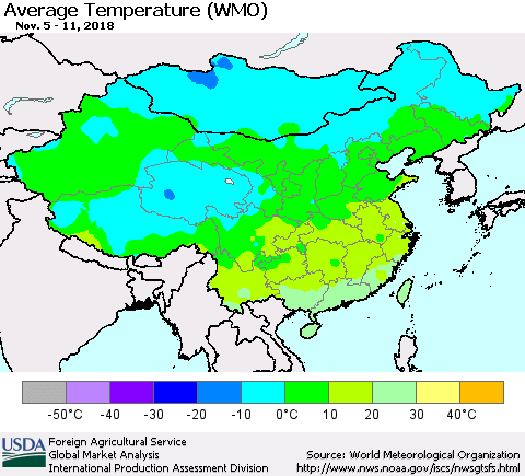 China, Mongolia and Taiwan Average Temperature (WMO) Thematic Map For 11/5/2018 - 11/11/2018