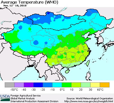 China and Taiwan Average Temperature (WMO) Thematic Map For 11/12/2018 - 11/18/2018