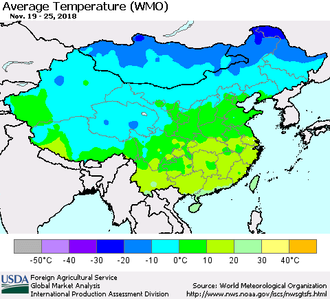 China and Taiwan Average Temperature (WMO) Thematic Map For 11/19/2018 - 11/25/2018