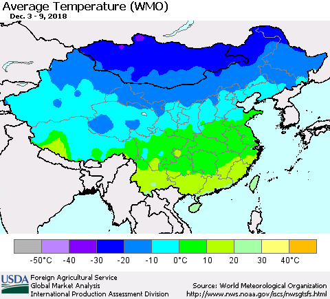China and Taiwan Average Temperature (WMO) Thematic Map For 12/3/2018 - 12/9/2018
