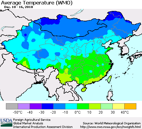 China and Taiwan Average Temperature (WMO) Thematic Map For 12/10/2018 - 12/16/2018