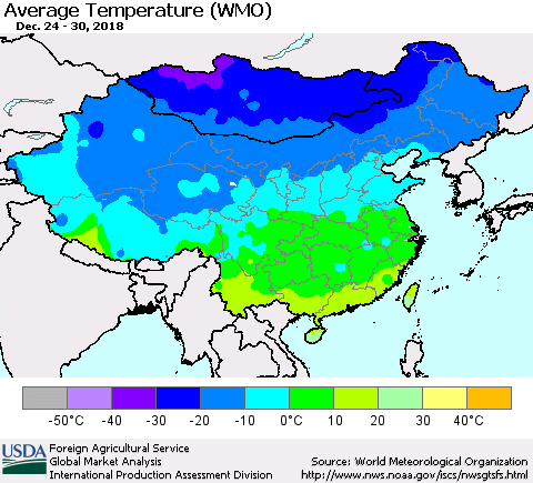 China, Mongolia and Taiwan Average Temperature (WMO) Thematic Map For 12/24/2018 - 12/30/2018