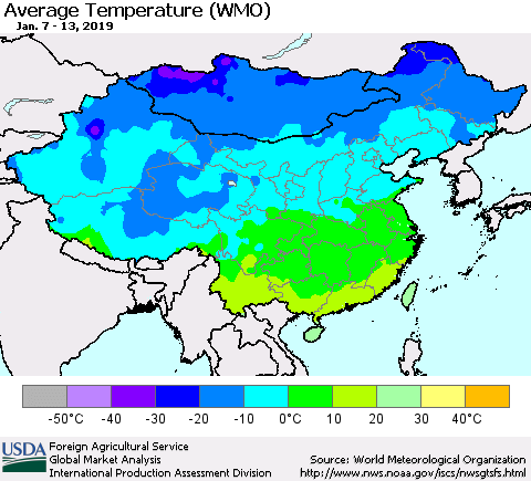 China and Taiwan Average Temperature (WMO) Thematic Map For 1/7/2019 - 1/13/2019