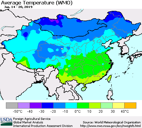 China and Taiwan Average Temperature (WMO) Thematic Map For 1/14/2019 - 1/20/2019