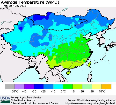 China and Taiwan Average Temperature (WMO) Thematic Map For 1/21/2019 - 1/27/2019