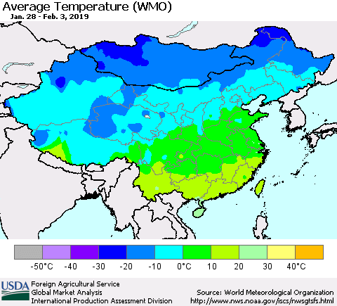 China and Taiwan Average Temperature (WMO) Thematic Map For 1/28/2019 - 2/3/2019