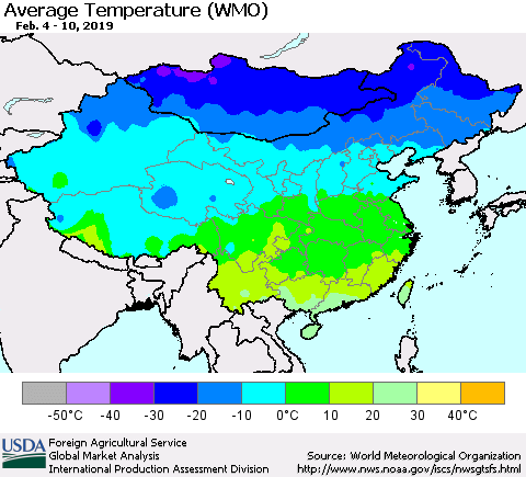 China and Taiwan Average Temperature (WMO) Thematic Map For 2/4/2019 - 2/10/2019