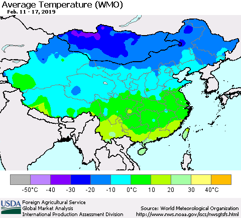 China and Taiwan Average Temperature (WMO) Thematic Map For 2/11/2019 - 2/17/2019