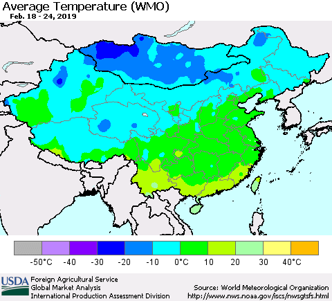 China and Taiwan Average Temperature (WMO) Thematic Map For 2/18/2019 - 2/24/2019