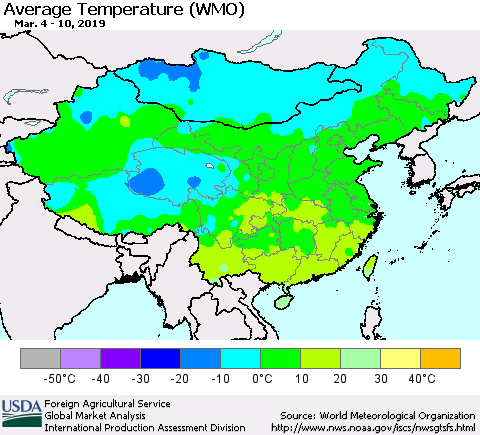 China and Taiwan Average Temperature (WMO) Thematic Map For 3/4/2019 - 3/10/2019