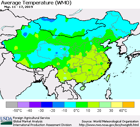 China, Mongolia and Taiwan Average Temperature (WMO) Thematic Map For 3/11/2019 - 3/17/2019