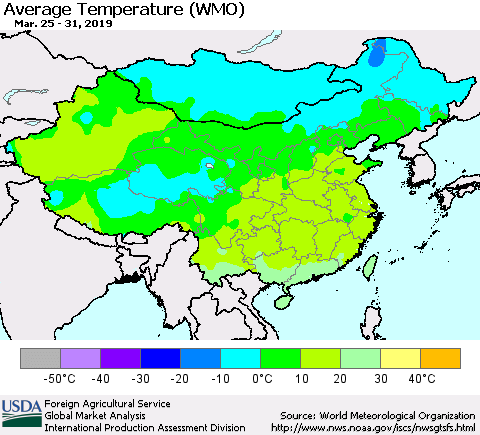 China and Taiwan Average Temperature (WMO) Thematic Map For 3/25/2019 - 3/31/2019
