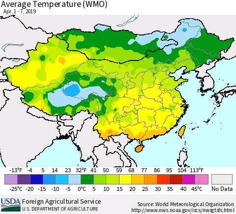 China, Mongolia and Taiwan Average Temperature (WMO) Thematic Map For 4/1/2019 - 4/7/2019