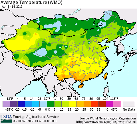 China and Taiwan Average Temperature (WMO) Thematic Map For 4/8/2019 - 4/14/2019