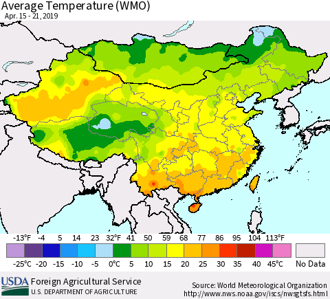 China and Taiwan Average Temperature (WMO) Thematic Map For 4/15/2019 - 4/21/2019