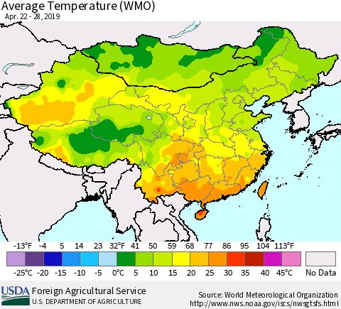 China, Mongolia and Taiwan Average Temperature (WMO) Thematic Map For 4/22/2019 - 4/28/2019