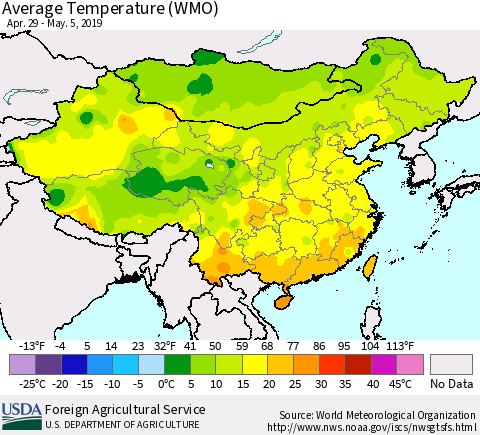 China and Taiwan Average Temperature (WMO) Thematic Map For 4/29/2019 - 5/5/2019