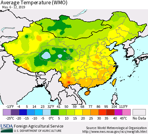 China, Mongolia and Taiwan Average Temperature (WMO) Thematic Map For 5/6/2019 - 5/12/2019