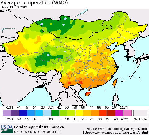 China and Taiwan Average Temperature (WMO) Thematic Map For 5/13/2019 - 5/19/2019