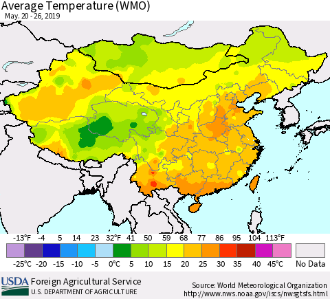 China, Mongolia and Taiwan Average Temperature (WMO) Thematic Map For 5/20/2019 - 5/26/2019