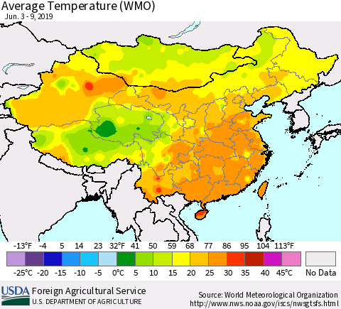 China, Mongolia and Taiwan Average Temperature (WMO) Thematic Map For 6/3/2019 - 6/9/2019